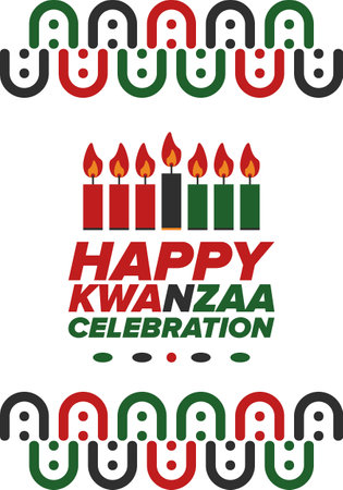 Kwanzaa Happy Celebration. African and African-American culture holiday. Seven days festival, celebrate annual from December 26 to January 1. Black history. Poster, card, bannerのイラスト素材