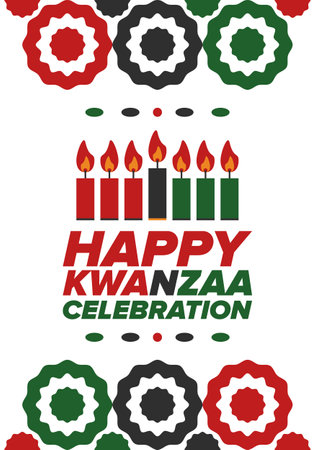 Kwanzaa Happy Celebration. African and African-American culture holiday. Seven days festival, celebrate annual from December 26 to January 1. Black history. Poster, card, bannerのイラスト素材