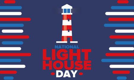 National Lighthouse Day. Holiday, celebrated annual in August 7. Navigational aid for maritime pilots at sea. Design with lighthouse. Poster, greeting card, banner and backgroundのイラスト素材