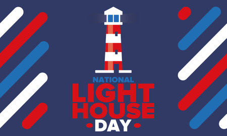 National Lighthouse Day. Holiday, celebrated annual in August 7. Navigational aid for maritime pilots at sea. Design with lighthouse. Poster, greeting card, banner and backgroundのイラスト素材