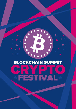 Crypto Festival. Blockchain Summit. Digital money and smart online technology. Finance, banking and business illustration. Cryptocurrency mining. Bitcoin logo. Flat design. Vectorのイラスト素材