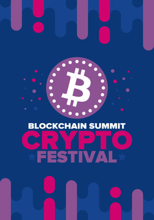 Crypto Festival. Blockchain Summit. Digital money and smart online technology. Finance, banking and business illustration. Cryptocurrency mining. Bitcoin logo. Flat design. Vectorのイラスト素材