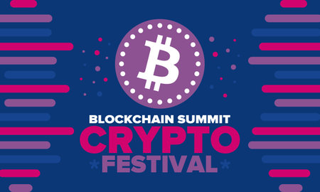 Crypto Festival. Blockchain Summit. Digital money and smart online technology. Finance, banking and business illustration. Cryptocurrency mining. Bitcoin logo. Flat design. Vectorのイラスト素材