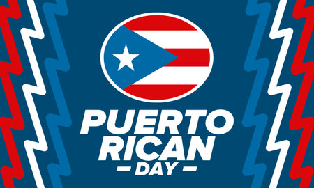 Puerto Rican Day. National happy holiday. Festival and parade in honor of independence and freedom. Puerto Rico flag. Latin american country. Patriotic elements. Vector posterのイラスト素材
