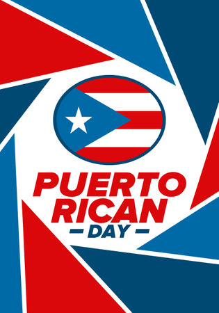Puerto Rican Day. National happy holiday. Festival and parade in honor of independence and freedom. Puerto Rico flag. Latin american country. Patriotic elements. Vector posterのイラスト素材