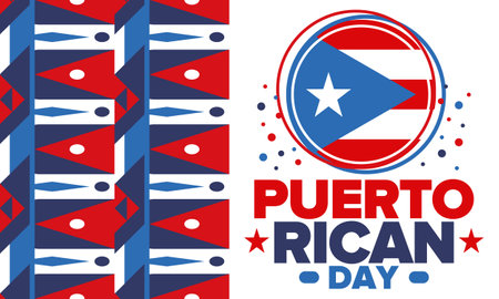 Puerto Rican Day. National happy holiday. Festival and parade in honor of independence and freedom. Puerto Rico flag. Latin american country. Patriotic elements. Vector posterのイラスト素材