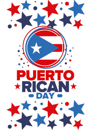 Puerto Rican Day. National happy holiday. Festival and parade in honor of independence and freedom. Puerto Rico flag. Latin american country. Patriotic elements. Vector posterのイラスト素材