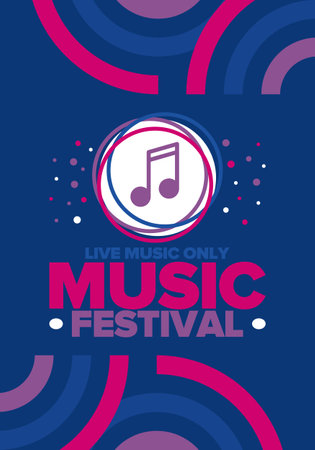 Music Festival. Live music show, musical performance. Summer outdoor concert. Fun event, vacation relaxation. Music bands, many stages and big crowd. Night club party. Vectorのイラスト素材