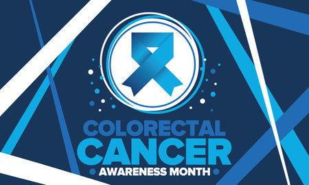 Colorectal Cancer Awareness Month. Celebrate annual in March. Control and protection. Prevention campaign. Medical health care concept. Poster with blue ribbon. Banner, backgroundのイラスト素材