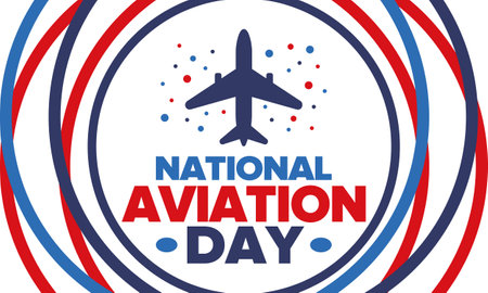 National Aviation Day in United States. Holiday, celebrated annual in August 19. Design with airplane and american flag. Patriotic element. Poster, greeting card, bannerのイラスト素材