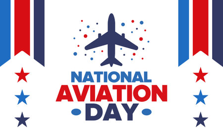 National Aviation Day in United States. Holiday, celebrated annual in August 19. Design with airplane and american flag. Patriotic element. Poster, greeting card, bannerのイラスト素材