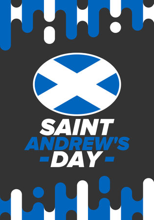 Saint Andrew's Day in Scotland. National day in Scotland. Happy holiday Andermas, celebrated annual in November 30. Scottish flag. Patriotic elements. Poster, card, bannerのイラスト素材