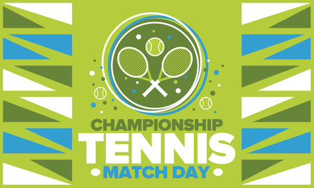 Tennis Championship Match Day. Tennis racket and tennis ball. Tournament play-off and final. Sport game, professional competition. Play for win. Tennis match score. Fitnessのイラスト素材