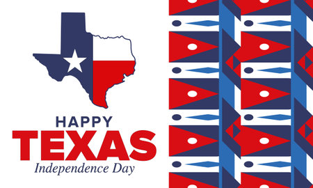 Texas Independence Day. Freedom holiday in Unites States, celebrated annual in March. Lone star flag. Texas flag. Patriotic sign and elements. Poster, card, banner and backgroundのイラスト素材