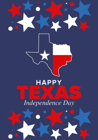 Texas Independence Day. Freedom holiday in Unites States, celebrated annual in March. Lone star flag. Texas flag. Patriotic sign and elements. Poster, card, banner and backgroundのイラスト素材
