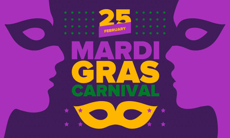 Mardi Gras Carnival in New Orleans. Fat Tuesday. Traditional holiday, celebration annual. Folk festival, costume masquerade, fun party. Carnival mask. Poster, card, banner. Vectorのイラスト素材