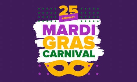 Mardi Gras Carnival in New Orleans. Fat Tuesday. Traditional holiday, celebration annual. Folk festival, costume masquerade, fun party. Carnival mask. Poster, card, banner. Vectorのイラスト素材