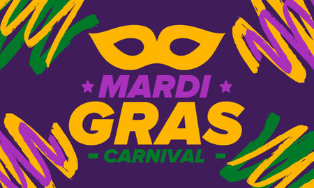 Mardi Gras Carnival in New Orleans. Fat Tuesday. Traditional holiday, celebration annual. Folk festival, costume masquerade, fun party. Carnival mask. Poster, card, banner. Vectorのイラスト素材
