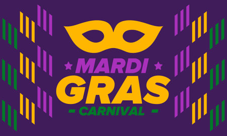 Mardi Gras Carnival in New Orleans. Fat Tuesday. Traditional holiday, celebration annual. Folk festival, costume masquerade, fun party. Carnival mask. Poster, card, banner. Vectorのイラスト素材