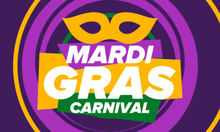 Mardi Gras Carnival in New Orleans. Fat Tuesday. Traditional holiday, celebration annual. Folk festival, costume masquerade, fun party. Carnival mask. Poster, card, banner. Vectorのイラスト素材