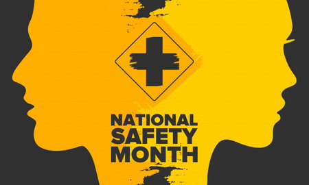 National Safety Month in June. Annual month-long celebrated in United States. Warning of unintentional injuries at work, at home, on the road. Safety concept. Poster, card, bannerのイラスト素材