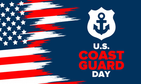 U.S. Coast Guard Birthday in United States. Federal holiday, celebrated annual in August 4. Sea style. Design with anchor and shield. Patriotic element. Poster, greeting cardのイラスト素材