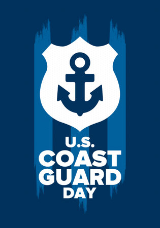 U.S. Coast Guard Birthday in United States. Federal holiday, celebrated annual in August 4. Sea style. Design with anchor and shield. Patriotic element. Poster, greeting cardのイラスト素材