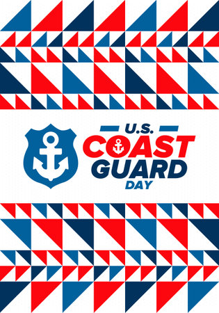 U.S. Coast Guard Birthday in United States. Federal holiday, celebrated annual in August 4. Sea style. Design with anchor and shield. Patriotic element. Poster, greeting cardのイラスト素材