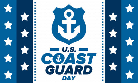U.S. Coast Guard Birthday in United States. Federal holiday, celebrated annual in August 4. Sea style. Design with anchor and shield. Patriotic element. Poster, greeting cardのイラスト素材
