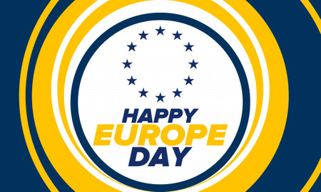 Europe Day. Annual public holiday in May. Is the name of two annual observance days - 5 May by the Council of Europe and 9 May by the European Union. Poster, card, bannerのイラスト素材