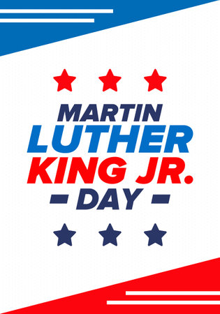 Martin Luther King, Jr. Day. Celebrated annual in United States in January, federal holiday. African American Rights Fighter. Patriotic american elements. Poster, card, bannerのイラスト素材