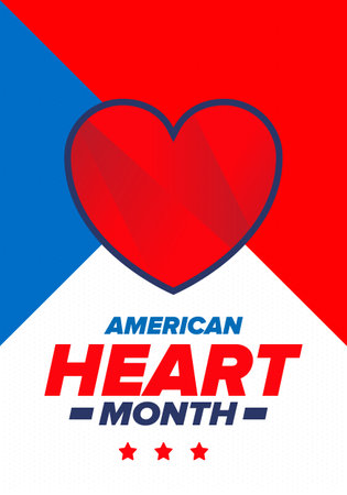 American Heart Month in United States. Celebrate annual in February. Nationwide problem of heart and blood vessel diseases. Medical healthcare concept. Support and protection campaのイラスト素材