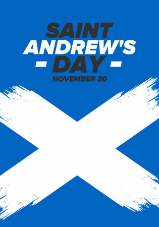 Saint Andrew's Day in Scotland. National day in Scotland. Happy holiday Andermas, celebrated annual in November 30. Scottish flag. Patriotic elements. Poster, card, banner. Vectorのイラスト素材