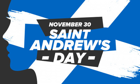 Saint Andrew's Day in Scotland. National day in Scotland. Happy holiday Andermas, celebrated annual in November 30. Scottish flag. Patriotic elements. Poster, card, banner. Vectorのイラスト素材