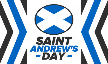 Saint Andrew's Day in Scotland. National day in Scotland. Happy holiday Andermas, celebrated annual in November 30. Scottish flag. Patriotic elements. Poster, card, banner. Vectorのイラスト素材