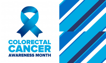 Colorectal Cancer Awareness Month. Celebrate annual in March. Control and protection. Prevention campaign. Medical health care concept. Poster with blue ribbon. Banner, backgroundのイラスト素材