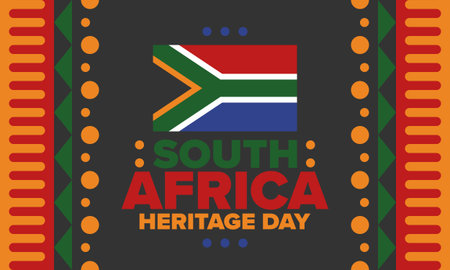 South Africa Heritage Day. Happy holiday. Celebrate culture and traditions of nation. South African flag. Poster with illustration. Pattern design. Vectorのイラスト素材