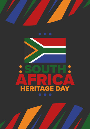 South Africa Heritage Day. Happy holiday. Celebrate culture and traditions of nation. South African flag. Poster with illustration. Pattern design. Vectorのイラスト素材