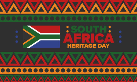 South Africa Heritage Day. Happy holiday. Celebrate culture and traditions of nation. South African flag. Poster with illustration. Pattern design. Vectorのイラスト素材