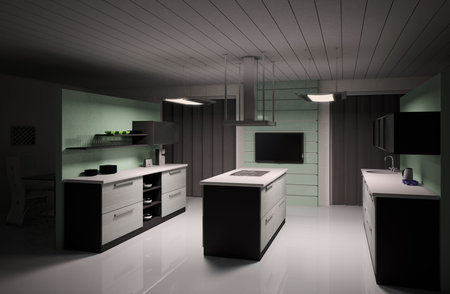 Interior of modern black white kitchen 3d renderの写真素材