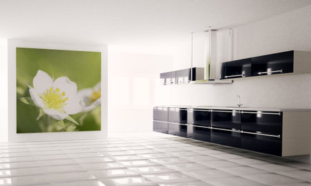 Interior of modern black white kitchen 3d renderの写真素材