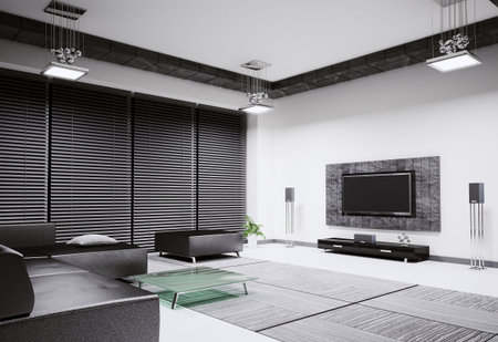 Living room with sofa and lcd tv interior 3d renderの写真素材