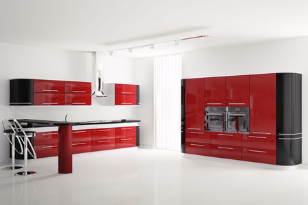 Interior of modern red black kitchen with bar table and stools 3dの写真素材