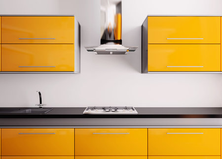 Orange kitchen with sink,gas cooktop and hood 3dの写真素材