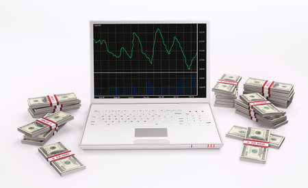 White Laptop with forex charts on the screen and stacks of dollars 3dの写真素材