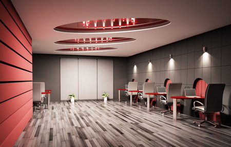 Computer office interior with laptops 3d renderの写真素材