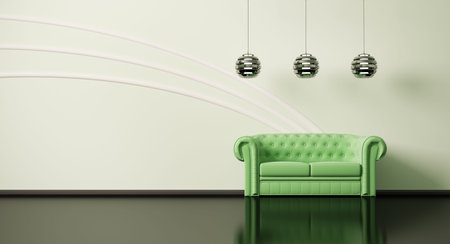 Green sofa in apple-green room with black floor 3dの写真素材
