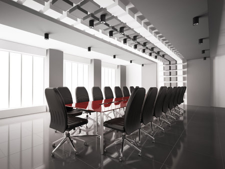 Modern boardroom with red table interior 3d render