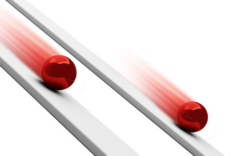 Red chrome balls rolling downwards 3d renderの写真素材