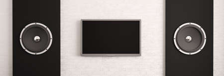 LCD and two big speakers over the brick wall 3dの写真素材